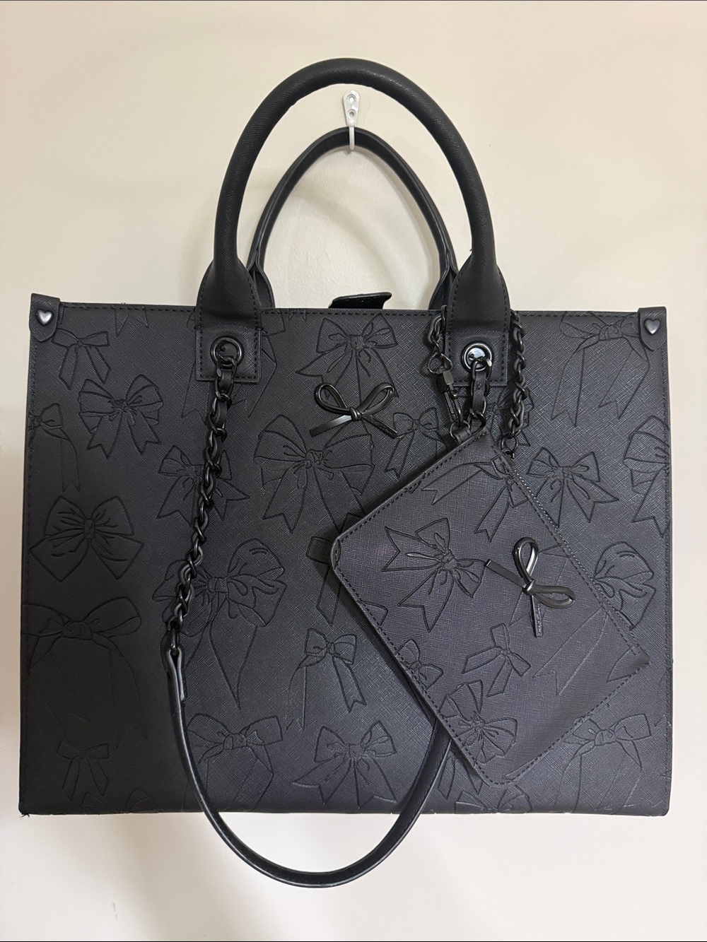 Betsey Johnson Black Embossed Bow Tote with Removable Pouch